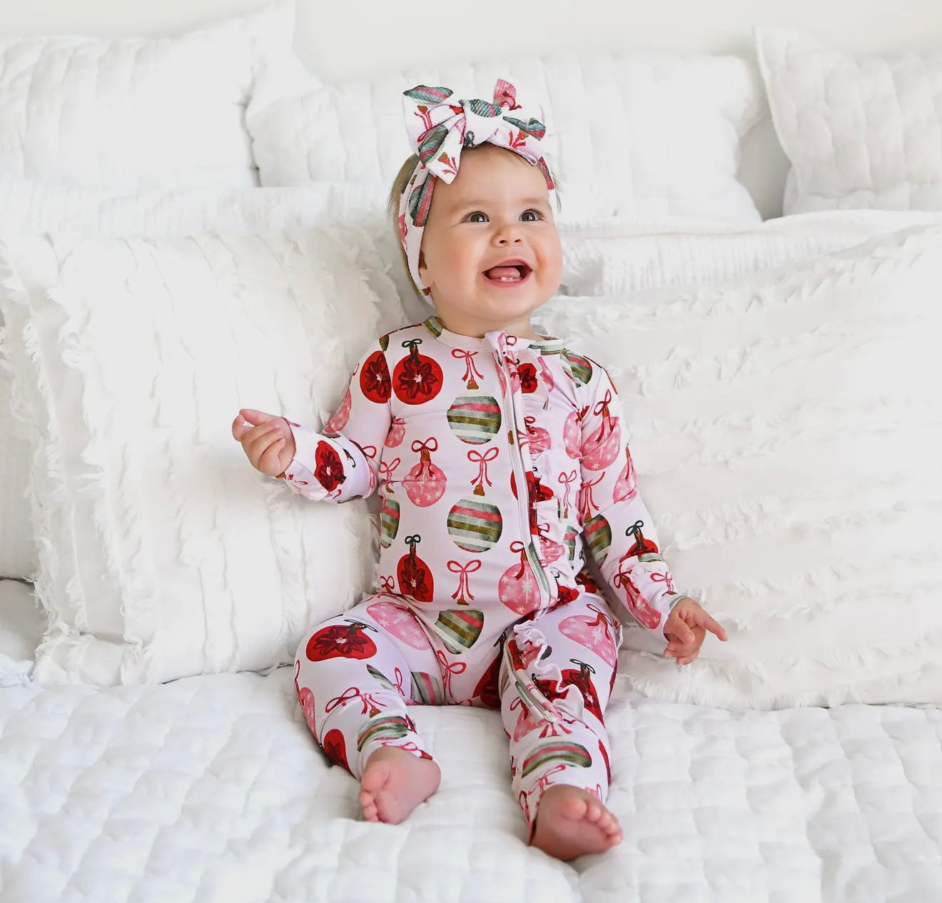 Kit Ornaments Ruffle Zip Xmas Bamboo One piece Outfit -By Gigi & Max