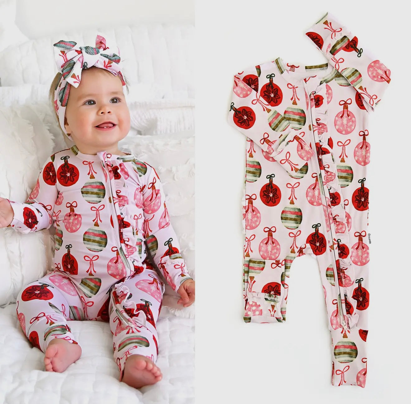 Kit Ornaments Ruffle Zip Xmas Bamboo One piece Outfit -By Gigi & Max