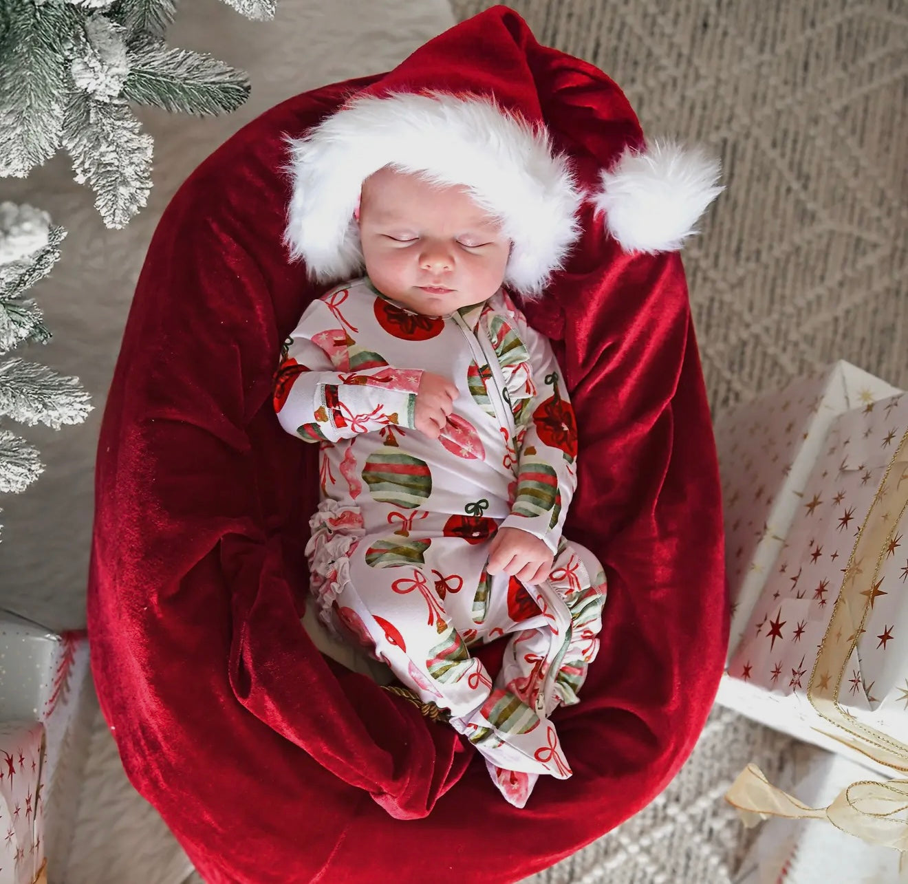 Kit Ornaments Ruffle Zip Xmas Bamboo One piece Outfit -By Gigi & Max